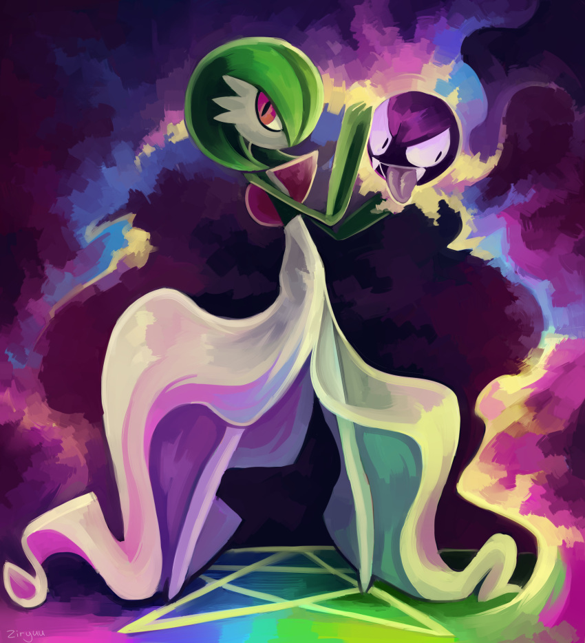 absurdres, bob_cut, colored_skin, dress, gardevoir, gastly, ghost, green_hair