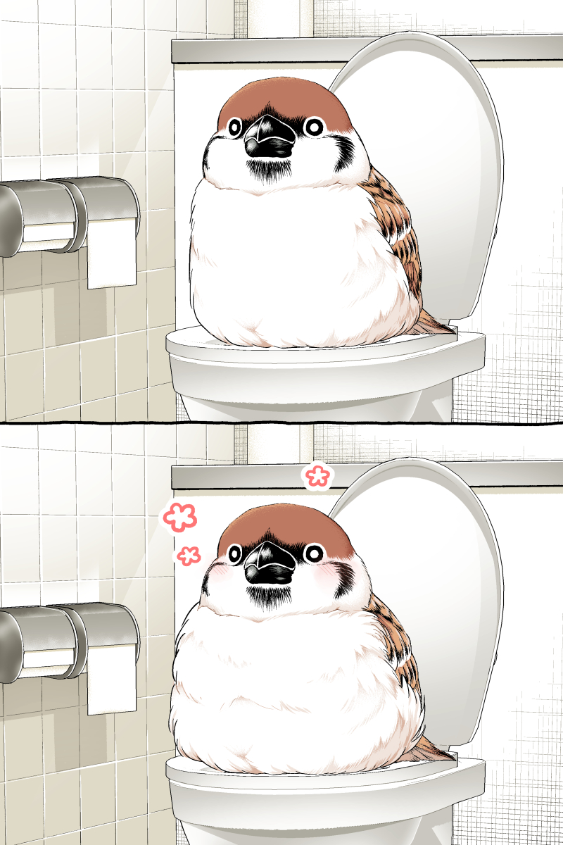 animal, animal_focus, bird, blush, highres, indoors, no_humans, on_toilet