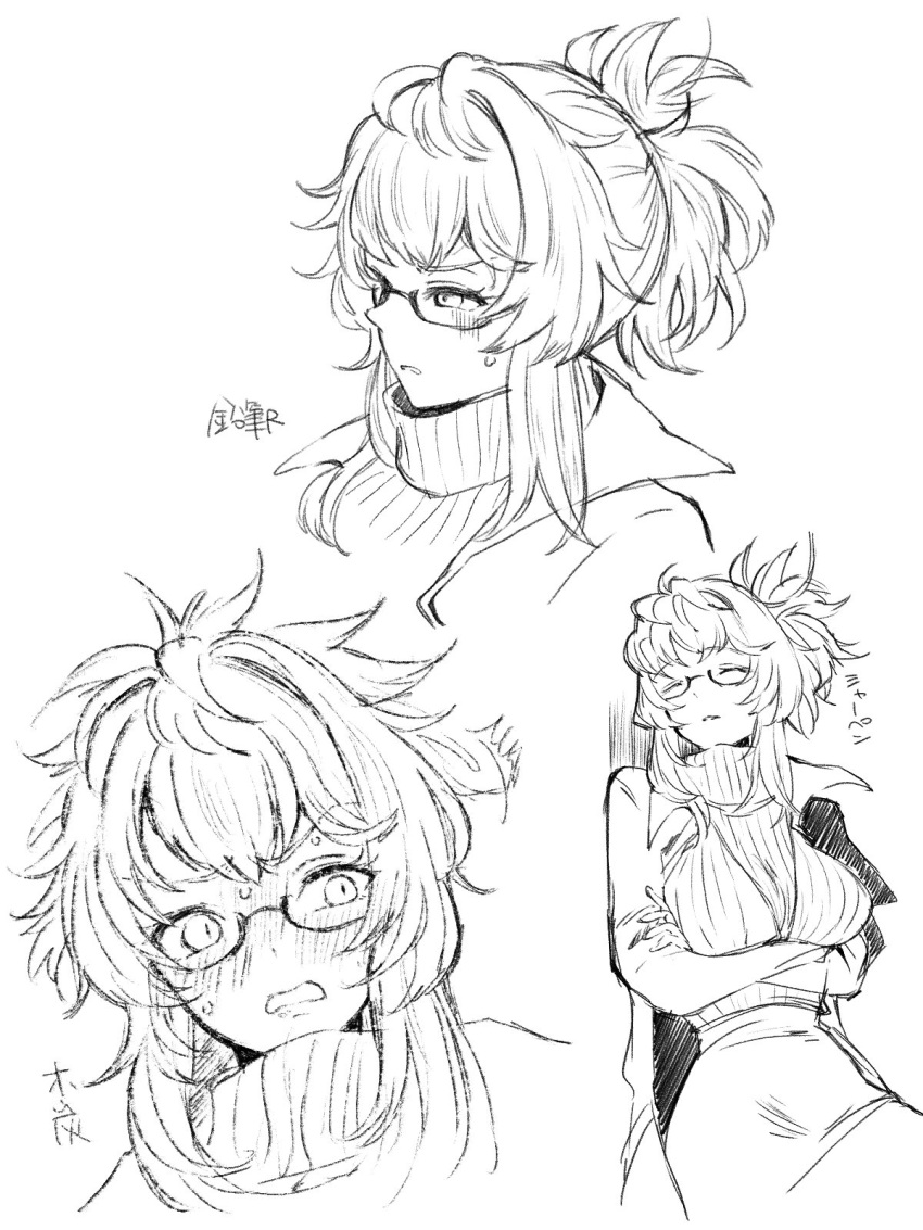 1girl, abe_(nikke), blush, breasts, crossed_arms, glasses, goddess_of_victory:_nikke, greyscale