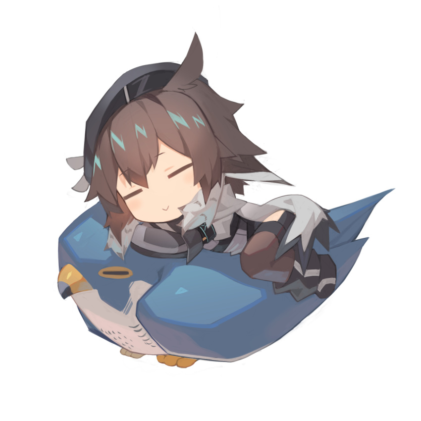 1girl, ahoge, animal, arknights, beak, beret, bird, bird_girl