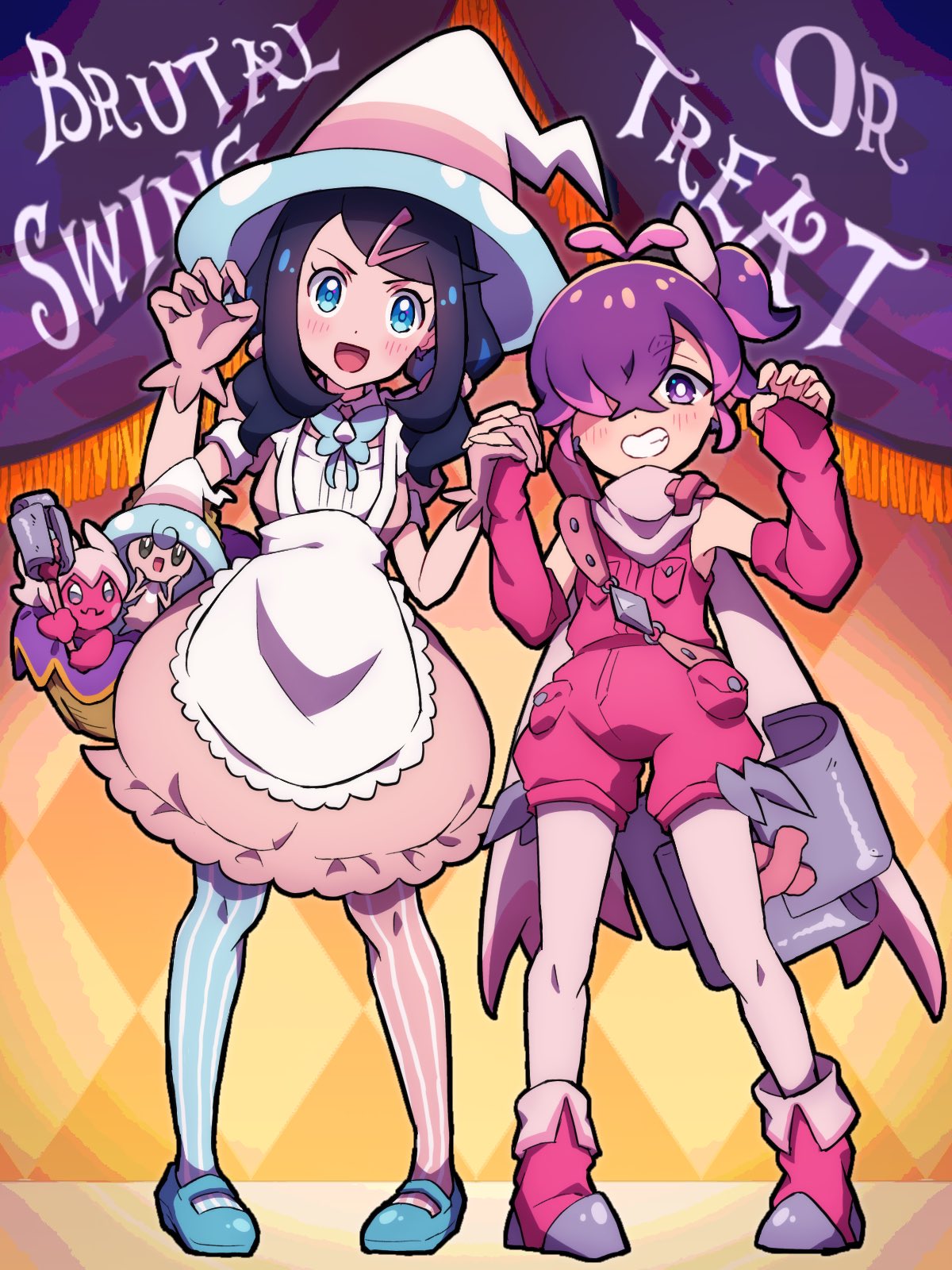 2girls, apron, black_hair, blue_eyes, blue_hair, blush, closed_mouth, colored_skin