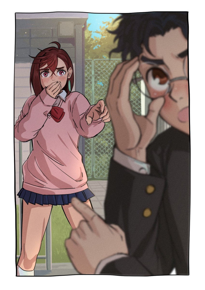 1boy, 1girl, adjusting_eyewear, ayase_momo, black_hair, black_jacket, blue_skirt, blue_sky