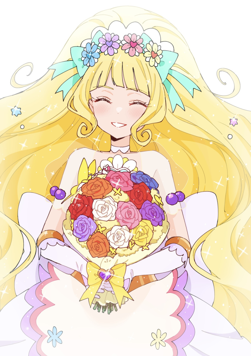 1girl, apron, back_bow, backlighting, big_hair, blonde_hair, blunt_bangs, bouquet, bow, candy, candy_hair_ornament, choker, closed_eyes, cowboy_shot, cure_finale, cure_finale_(party_up_style), delicious_party_precure, dress, facing_viewer, food, food-themed_hair_ornament, gloves, hair_ornament, head_wreath, highres, holding, holding_bouquet, huge_bow, konpeitou, long_hair, magical_girl, open_mouth, precure, shirako_love, smile, solo, sparkle, standing, strapless, strapless_dress, very_long_hair, waist_apron, white_background, white_bow, white_choker, white_dress, white_gloves
