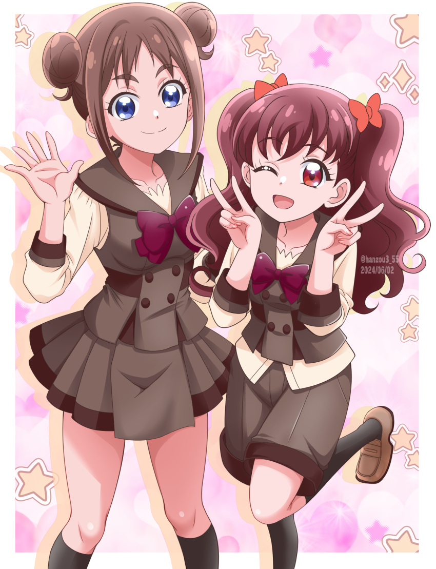 2girls, black_socks, blouse, blue_eyes, bow, bowtie, brown_footwear, brown_hair