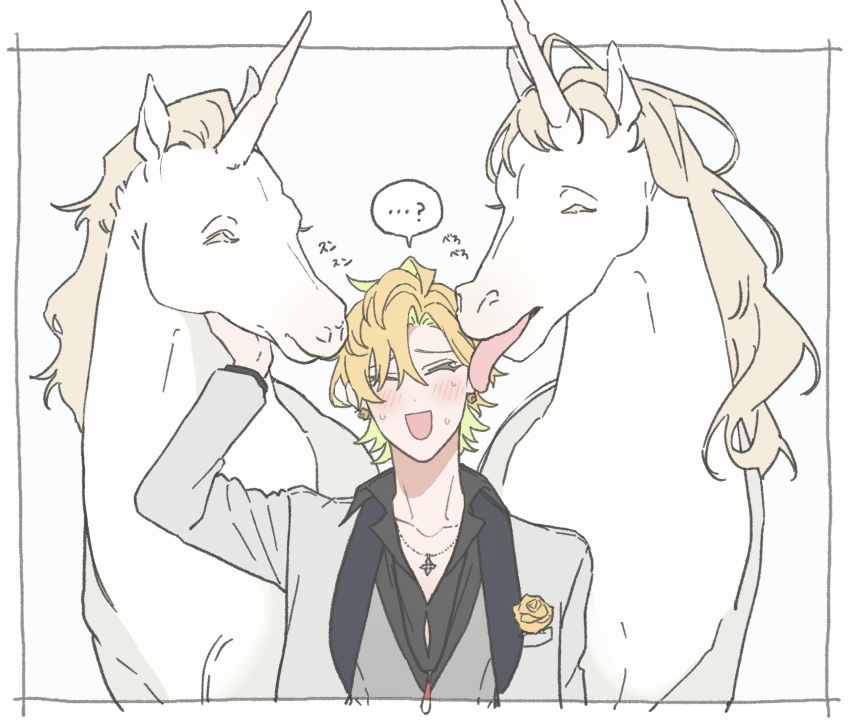 ...?, 1boy, :d, ^_^, ahoge, black_shirt, blonde_hair, closed_eyes