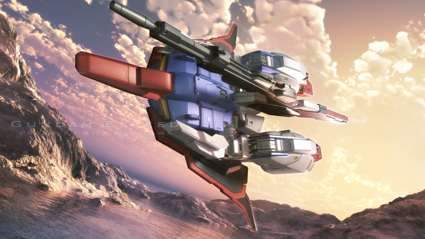 3d, aeug, artist_name, beam_rifle, clouds, commentary_request, dusk, energy_gun