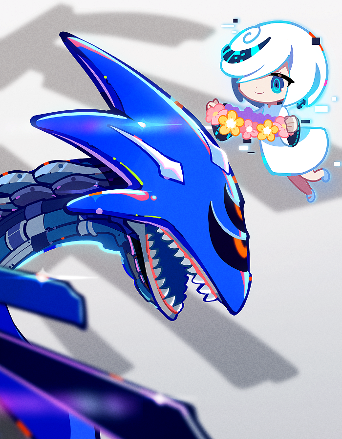 1boy, 1girl, blue_eyes, blue_hair, closed_mouth, commentary, dress, film_grain, floating, flower, flower_wreath, glint, glitch, hair_over_one_eye, hanadahanaya, head_wreath, holding, holding_wreath, long_sleeves, looking_at_another, metal_overlord, metal_sonic, multicolored_hair, open_mouth, pink_flower, red_eyes, ringed_eyes, robot, sage_(sonic), sharp_teeth, short_hair, simple_background, smile, sonic_(series), sonic_generations, sonic_x_shadow_generations, streaked_hair, teeth, two-tone_hair, white_background, white_dress, white_footwear, white_hair, wide_sleeves, yellow_flower