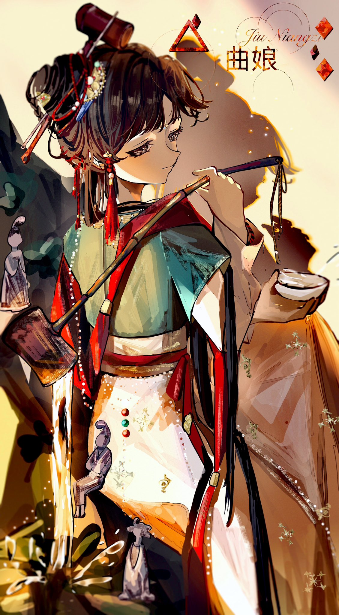 1girl, black_eyes, black_hair, bowl, character_name, chinese_clothes, chinese_hairpin, dipper