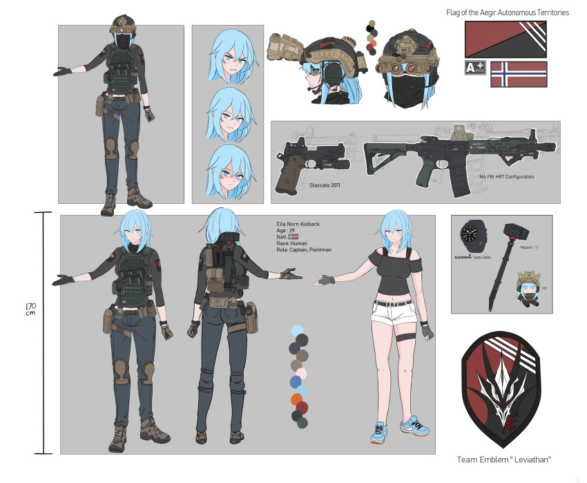 1girl, absurdres, ammunition_belt, ammunition_pouch, angry, assault_rifle, bandana, blue_eyes, blue_hair, boots, bulletproof_vest, crop_top, doll, equipment_layout, fingerless_gloves, frown, gloves, gun, handgun, height_chart, helmet, highres, knee_pads, m4_carbine, medium_hair, night_vision_device, norwegian_flag, original, patch, pixcy_(pixcy5), pouch, reference_sheet, rifle, short_shorts, shorts, shoulder_patch, smile, solo, staccato_2011, stuffed_toy, war_hammer, watch, watch, weapon