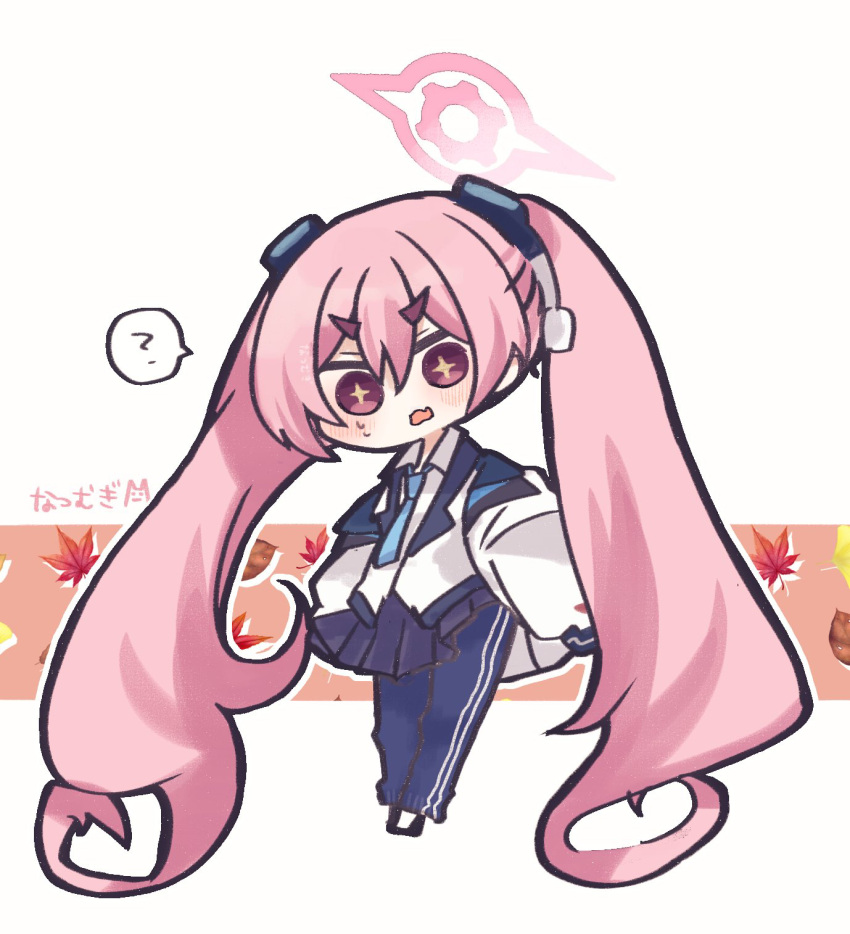 1girl, ?, artist_name, autumn_leaves, blue_archive, blue_necktie, blush, commentary_request