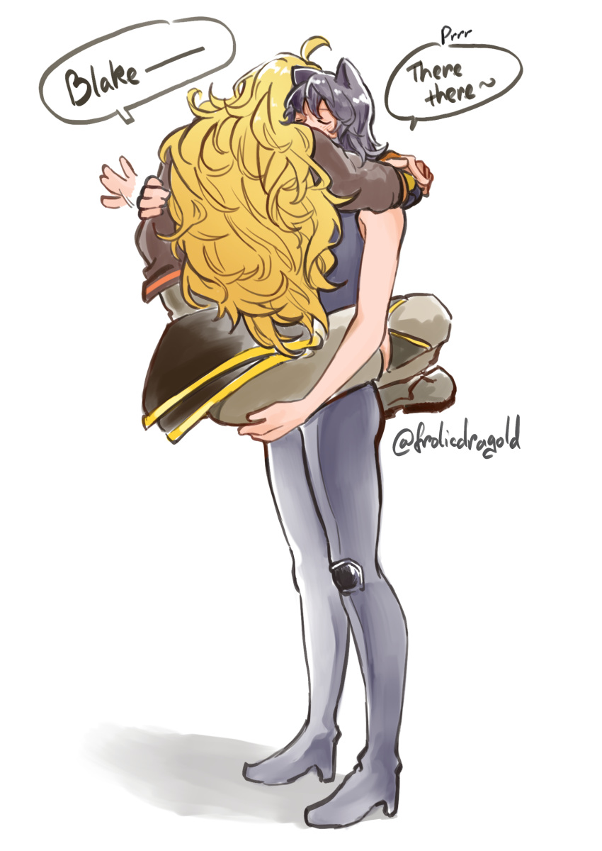 2girls, animal_ears, arms_around_neck, black_hair, black_pants, blake_belladonna, blonde_hair, blush, brown_jacket, brown_pants, carrying, carrying_person, cat_ears, closed_eyes, commentary, english_commentary, english_text, frolicdragold, high_heels, highres, hug, jacket, long_hair, multiple_girls, pants, rwby, simple_background, speech_bubble, twitter_username, white_background, yang_xiao_long, yuri
