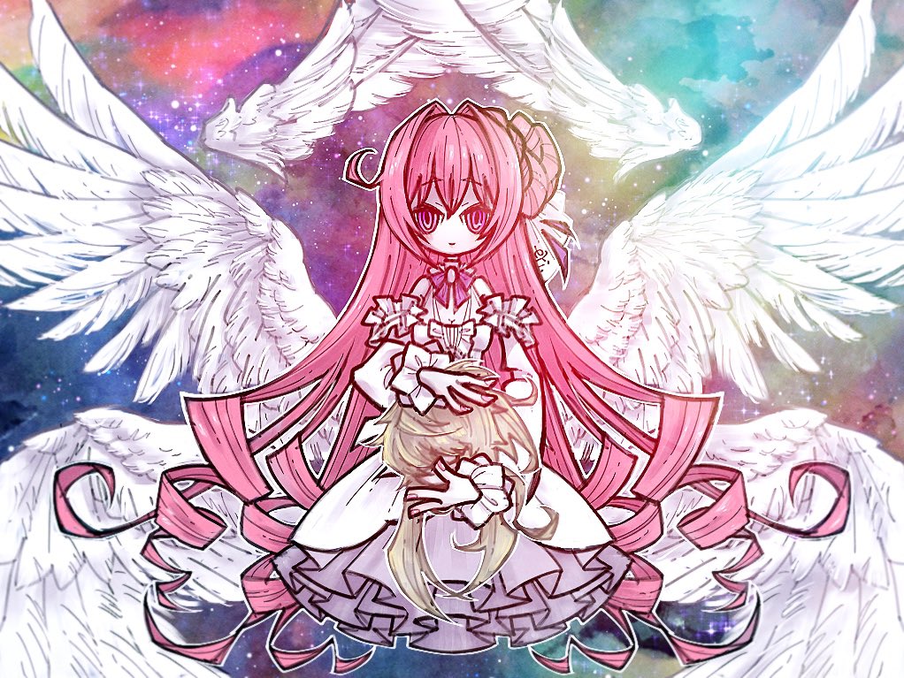 angel_wings, biblically_accurate_angel, blonde_hair, dorothy_(nikke), dress, drill_hair, eri_fund_c, feathered_wings