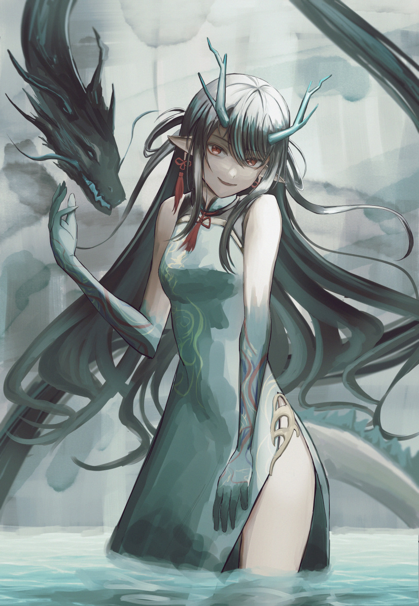 1girl, absurdres, arknights, bare_shoulders, black_hair, china_dress, chinese_clothes, colored_skin