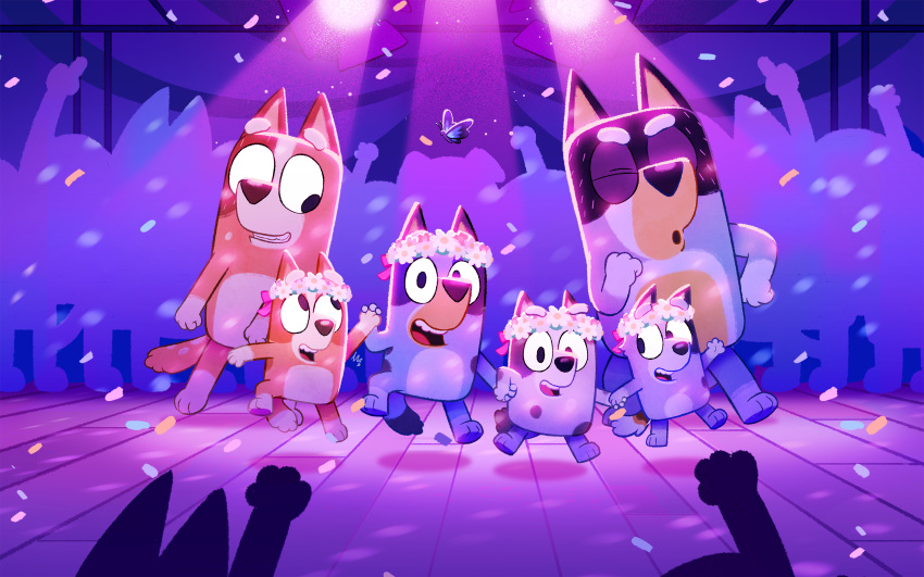 1boy, 5girls, :d, bandit_heeler, bingo_heeler, bluey, bluey_heeler, chilli_heeler