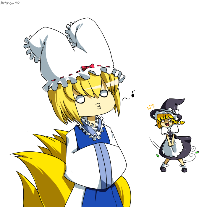 blonde_hair, bloomers, bloomers_on_head, braid, clothes_thief, clothing_thief, fox_tail, hat, kirisame_marisa, o3o, object_on_head, short_hair, signature, tail, theft, touhou, underwear_thief, witch, witch_hat, yakumo_ran