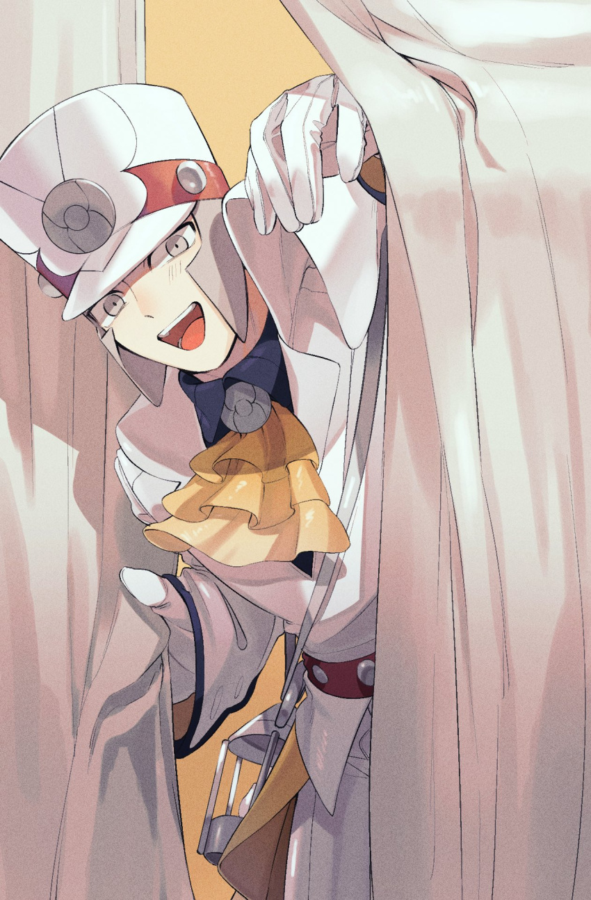1boy, arm_up, ascot, belt, blue_shirt, commentary_request, curtain_grab, curtains