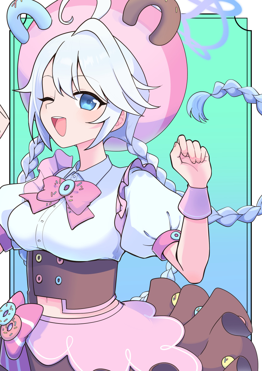 1girl, absurdres, ahoge, arm_up, blue_archive, blue_eyes, bow, bowtie