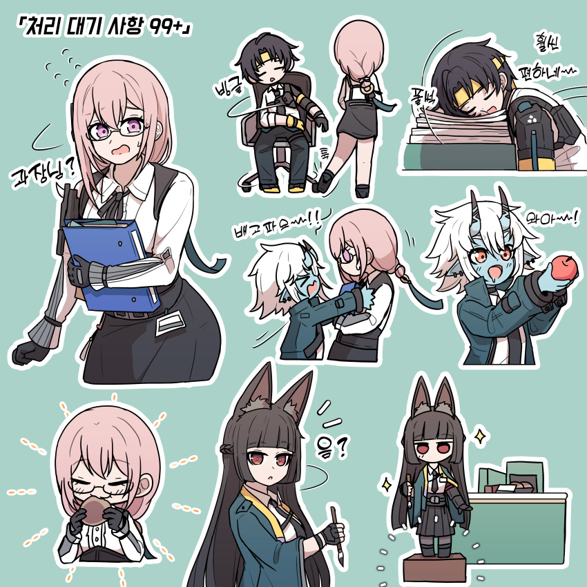 1boy, 3girls, absurdres, animal_ears, apple, asaba_harumasa, black_gloves, black_hair