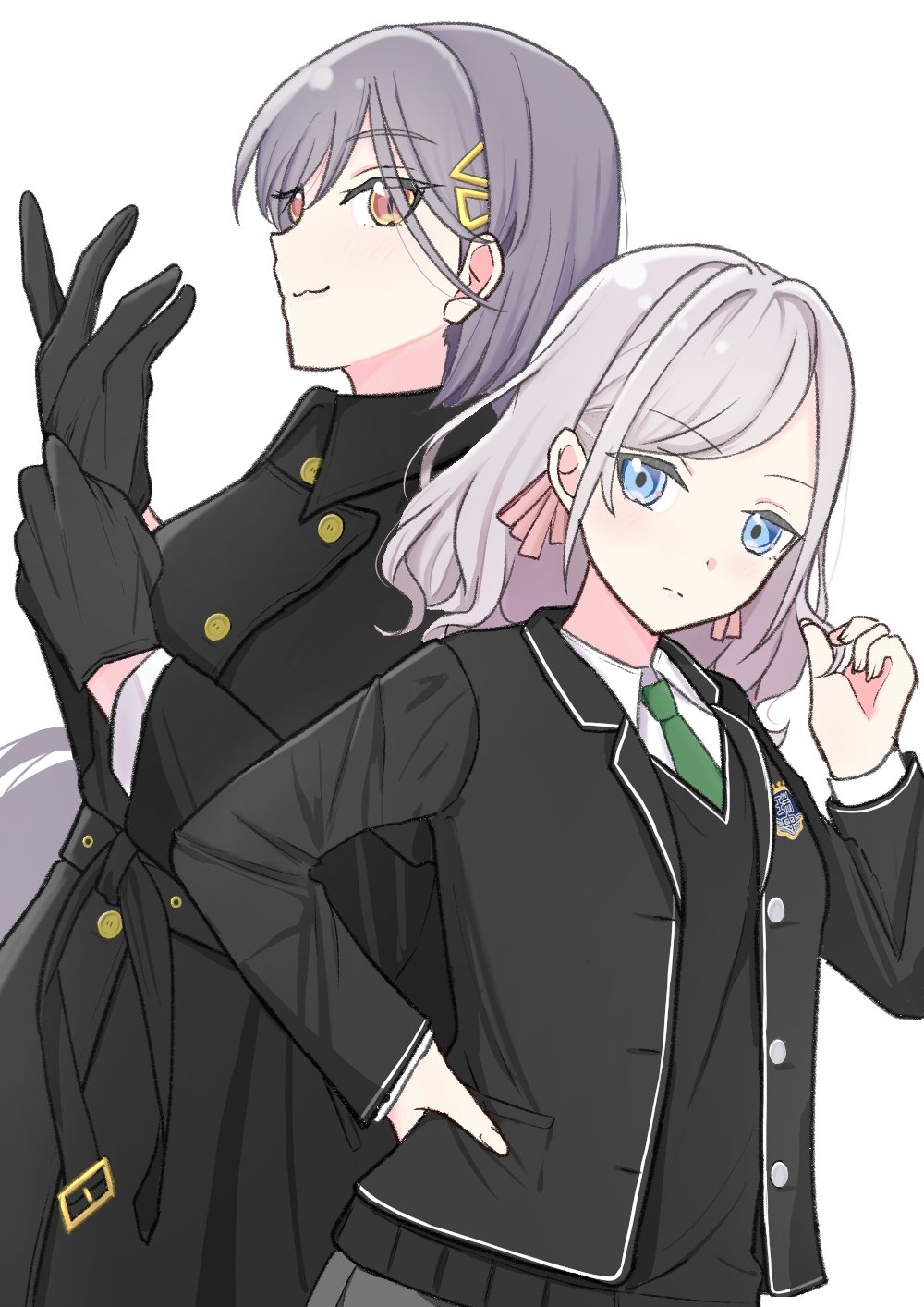 2girls, :3, adjusting_clothes, adjusting_gloves, belt, black_coat, black_gloves, black_jacket