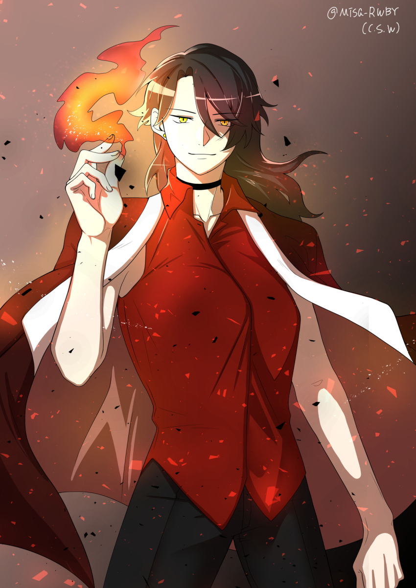 1girl, black_choker, black_hair, black_pants, choker, cinder_fall, collared_shirt, fire, highres, jacket, long_hair, misanim, open_clothes, open_jacket, pants, red_jacket, red_shirt, rwby, shirt, solo, twitter_username, upper_body, yellow_eyes