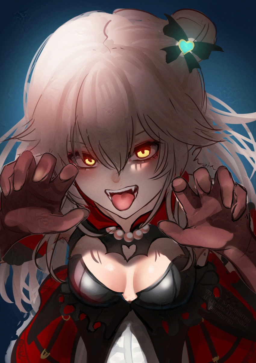 1girl, black_gloves, breasts, charlotta_skopovskaya, commentary, dress, fangs, gloves