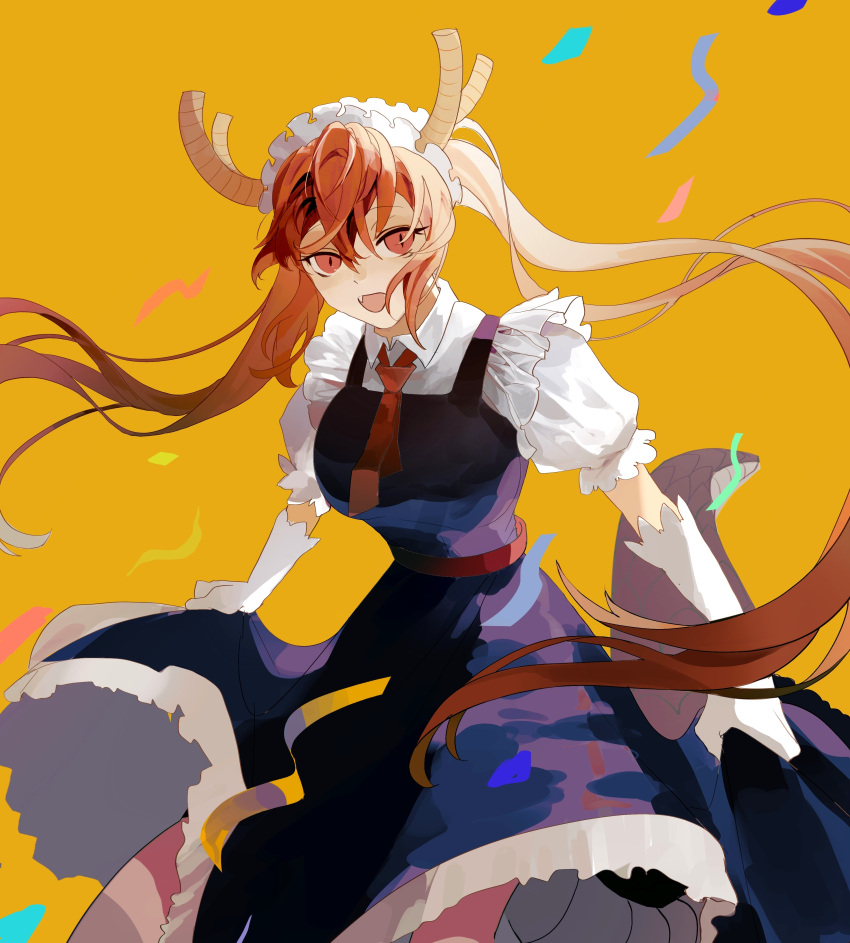 1girl, absurdres, blonde_hair, blue_dress, dragon_girl, dragon_horns, dragon_tail, dress, gloves, highres, horns, kobayashi-san_chi_no_maidragon, luejin, puffy_short_sleeves, puffy_sleeves, red_eyes, short_sleeves, solo, tail, tohru_(maidragon), twintails, white_gloves, yellow_background
