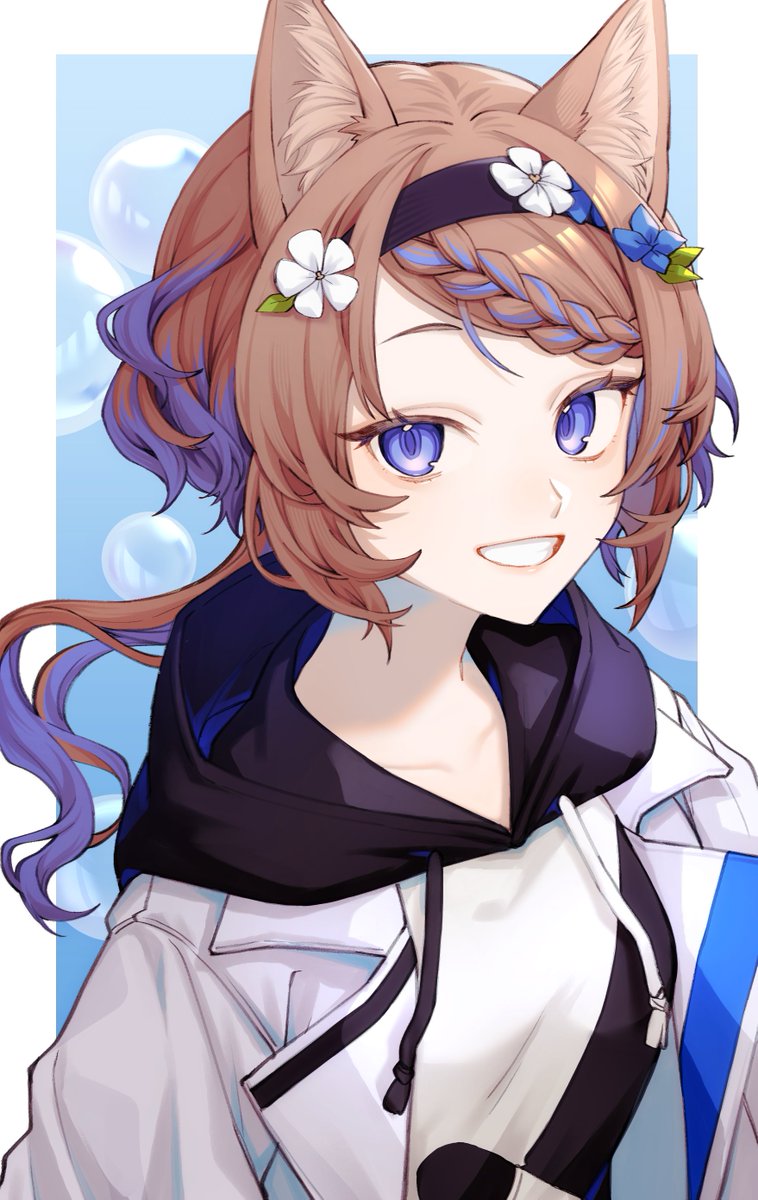 1girl, amag4eru, arknights, aroma_(arknights), black_hairband, blue_eyes, braid, brown_hair, bubble, flower, hair_flower, hair_ornament, hairband, highres, hood, hoodie, smile, tail, wolf_tail