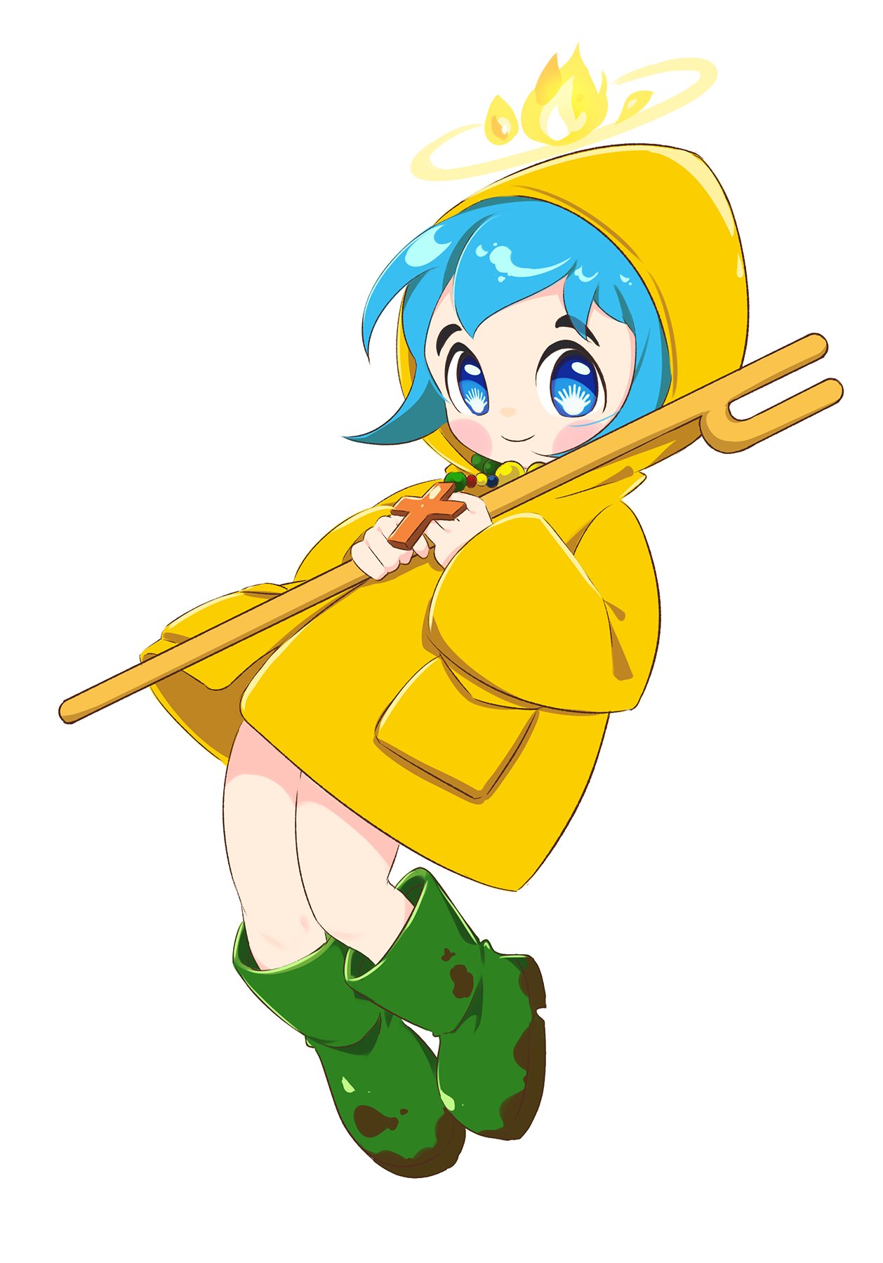 1girl, bead_necklace, beads, blue_eyes, blue_hair, blush, blush_stickers, boots