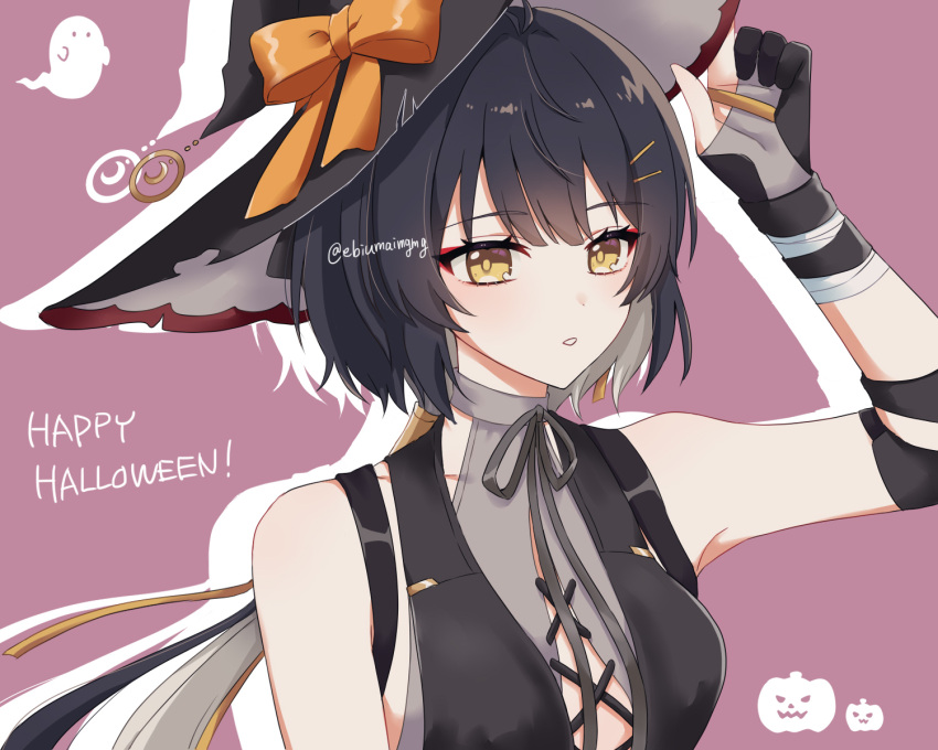 1girl, bare_shoulders, black_hair, black_shirt, breasts, ebiumaimgmg, female_rover_(wuthering_waves), ghost