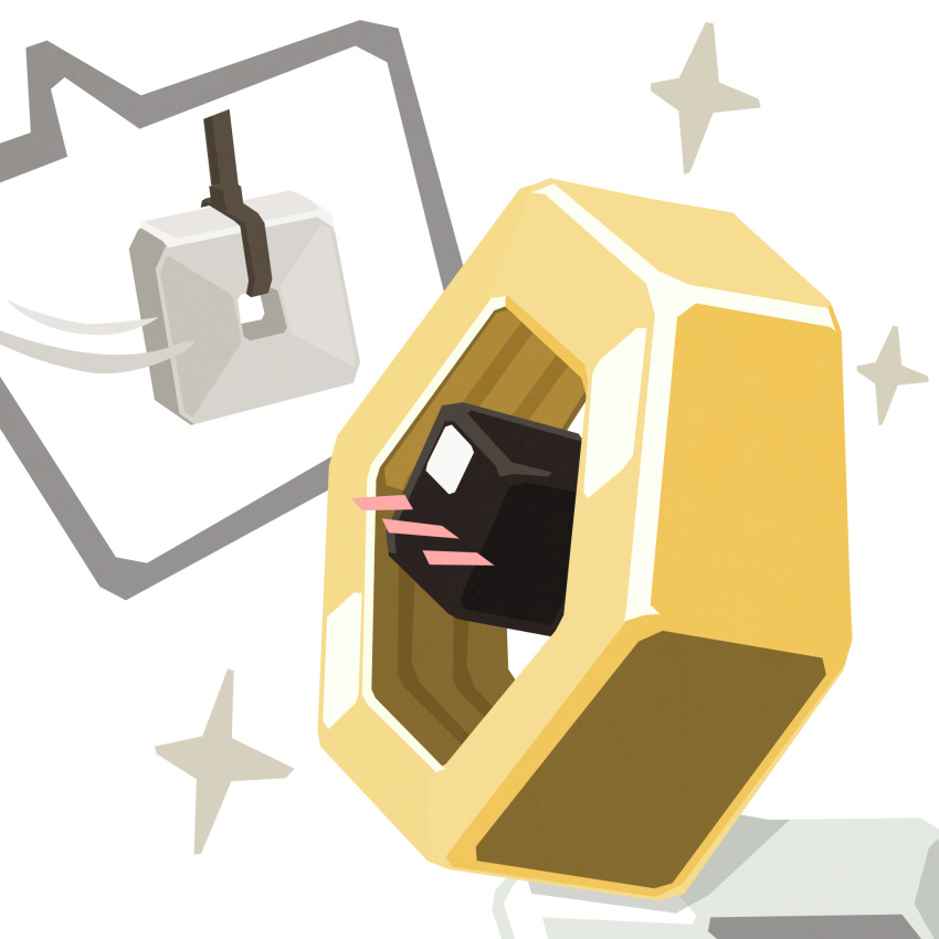 animal_focus, black_eyes, blush, chinese_commentary, commentary_request, fang_kemeng_wanwan, from_side, highres, looking_up, low_poly, meltan, motion_lines, no_humans, no_lineart, one-eyed, pendulum, pokemon, pokemon_(creature), simple_background, solo, sparkle, speech_bubble, spoken_object, upper_body, white_background