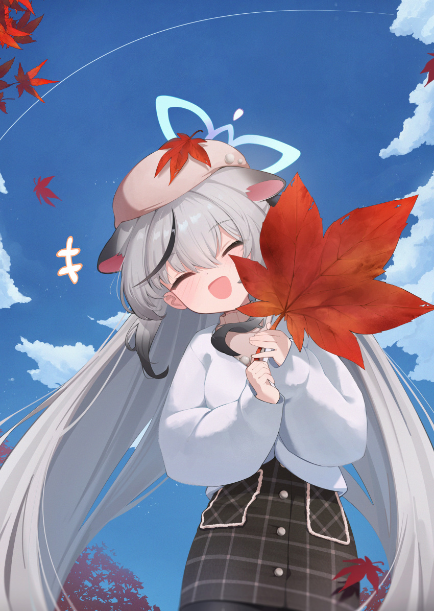 1girl, absurdres, alternate_costume, animal_ears, aqua_halo, autumn, autumn_leaves, beads