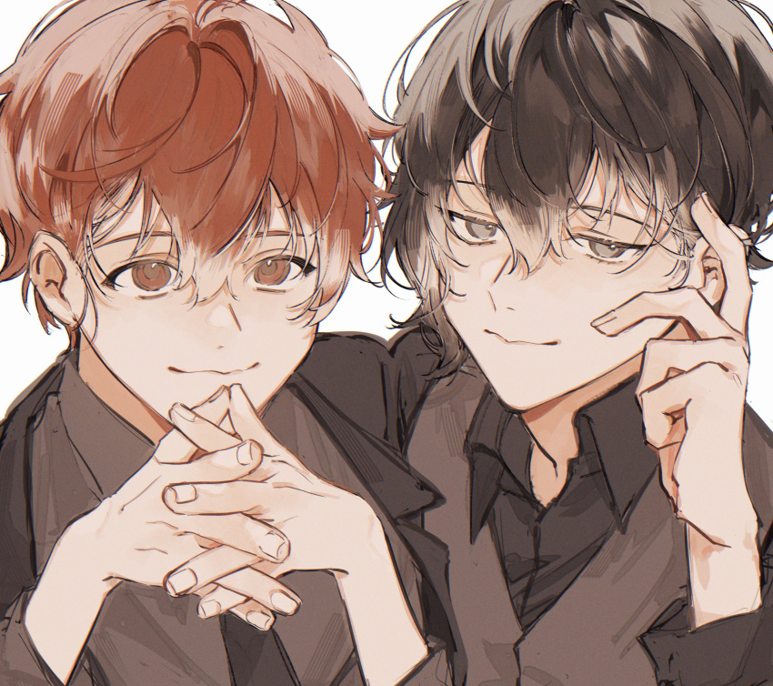 2boys, absurdres, awase01, black_hair, black_shirt, brown_eyes, brown_hair, brown_vest