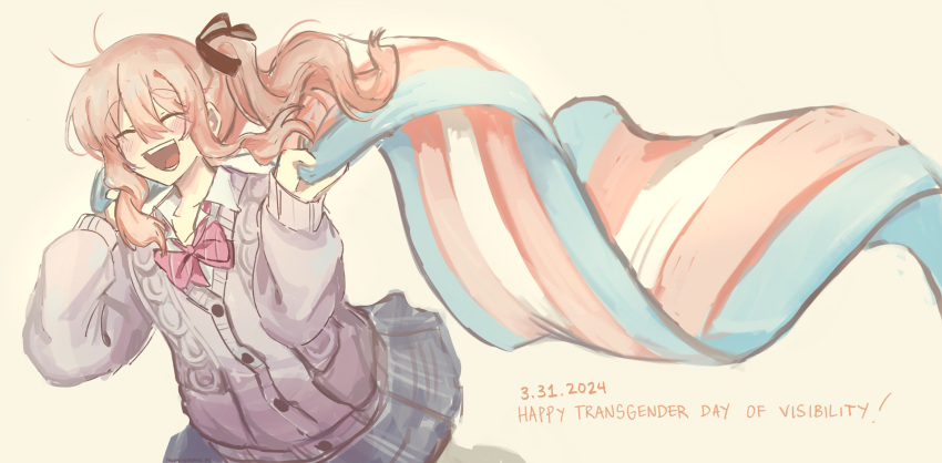 1other, absurdres, akiyama_mizuki, blue_skirt, blush, bow, closed_eyes, dated, english_text, flag, hair_ribbon, hashtag-only_commentary, highres, holding, holding_flag, long_hair, long_sleeves, open_mouth, peppy_(peppersteaku), pink_bow, pink_hair, project_sekai, purple_sweater, ribbon, shirt, side_ponytail, sidelocks, skirt, solo, sweater, transgender_flag, waving_flag, white_shirt