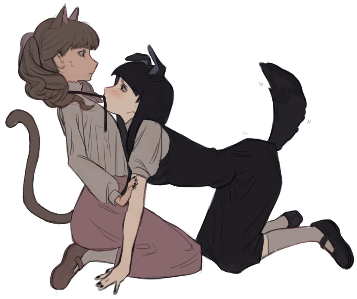 2girls, animal_ears, black_hair, black_ribbon, blush, brown_hair, cat_ears, cat_tail