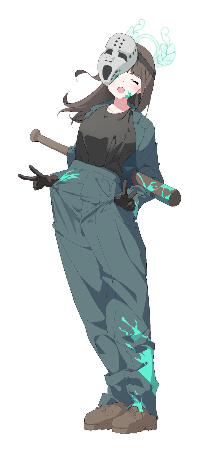 1girl, absurdres, airi_(blue_archive), airi_(halloween)_(blue_archive), baseball_bat, black_gloves, black_shirt, blue_archive