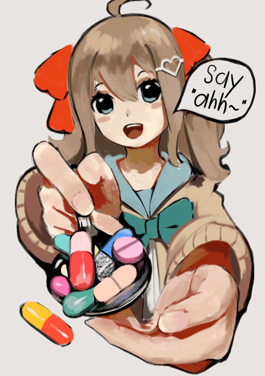 1girl, :d, absurdres, ahoge, aqua_bow, aqua_bowtie, blue_eyes, blue_sailor_collar, blush_stickers, bow, bowtie, brown_cardigan, brown_hair, cardigan, cropped_torso, english_text, feeding, foreshortening, green_bow, green_bowtie, grey_background, hair_between_eyes, hair_bow, hair_ornament, heart, heart_hair_ornament, highres, holding, incoming_food, indie_virtual_youtuber, long_hair, long_sleeves, looking_at_viewer, neuro-sama, open_mouth, pill, reaching, reaching_towards_viewer, red_bow, red_ribbon, ribbon, sadecsss, sailor_collar, school_uniform, serafuku, shirt, simple_background, smile, solo, speech_bubble, teeth, two_side_up, upper_body, upper_teeth_only, virtual_youtuber
