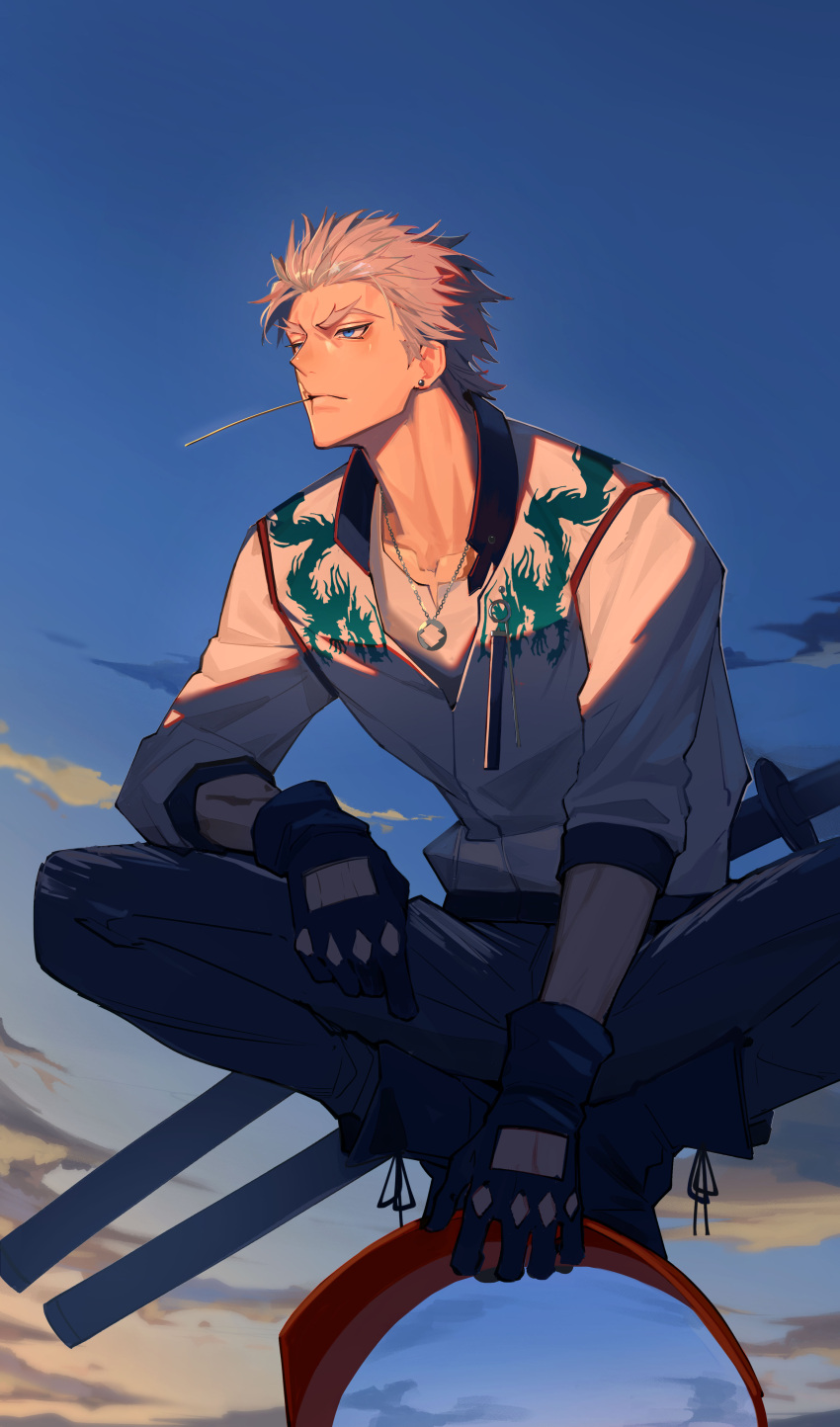 1boy, absurdres, black_footwear, blue_eyes, boots, chain, chain_necklace, clouds, denim, earrings, fate/grand_order, fate_(series), gloves, grey_hair, hair_slicked_back, haruakira, highres, jacket, jeans, jewelry, male_focus, mouth_hold, multiple_swords, nagakura_shinpachi_(fate), necklace, pants, partially_unzipped, scar, scar_on_arm, scar_on_cheek, scar_on_face, sheath, sheathed, shirt, short_hair, sky, squatting, stalk_in_mouth, stud_earrings, sword, torn_clothes, torn_jeans, torn_pants, weapon, white_jacket, white_shirt