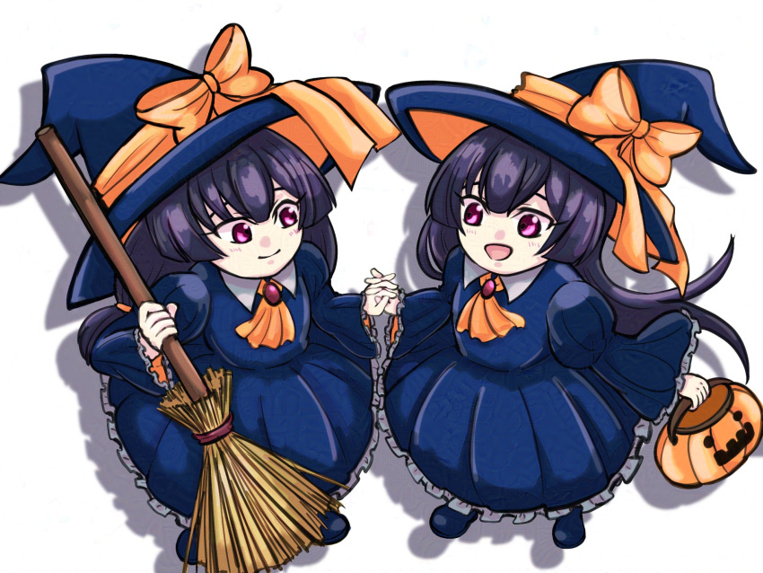 2girls, black_footwear, black_hair, black_hat, black_skirt, closed_mouth, code_geass, code_geass:_dakkan_no_roze, crescent, halloween, hands_clasped, haruyanaginomiya_sakura, hat, holding_hands, iichan515, long_hair, multiple_girls, open_mouth, pink_eyes, shadow, shirt, shoes, siblings, simple_background, skirt, sleeves_past_wrists, smile, sumeragi_sakuya, twins, very_long_hair, wand, white_background, wide_sleeves, witch_hat