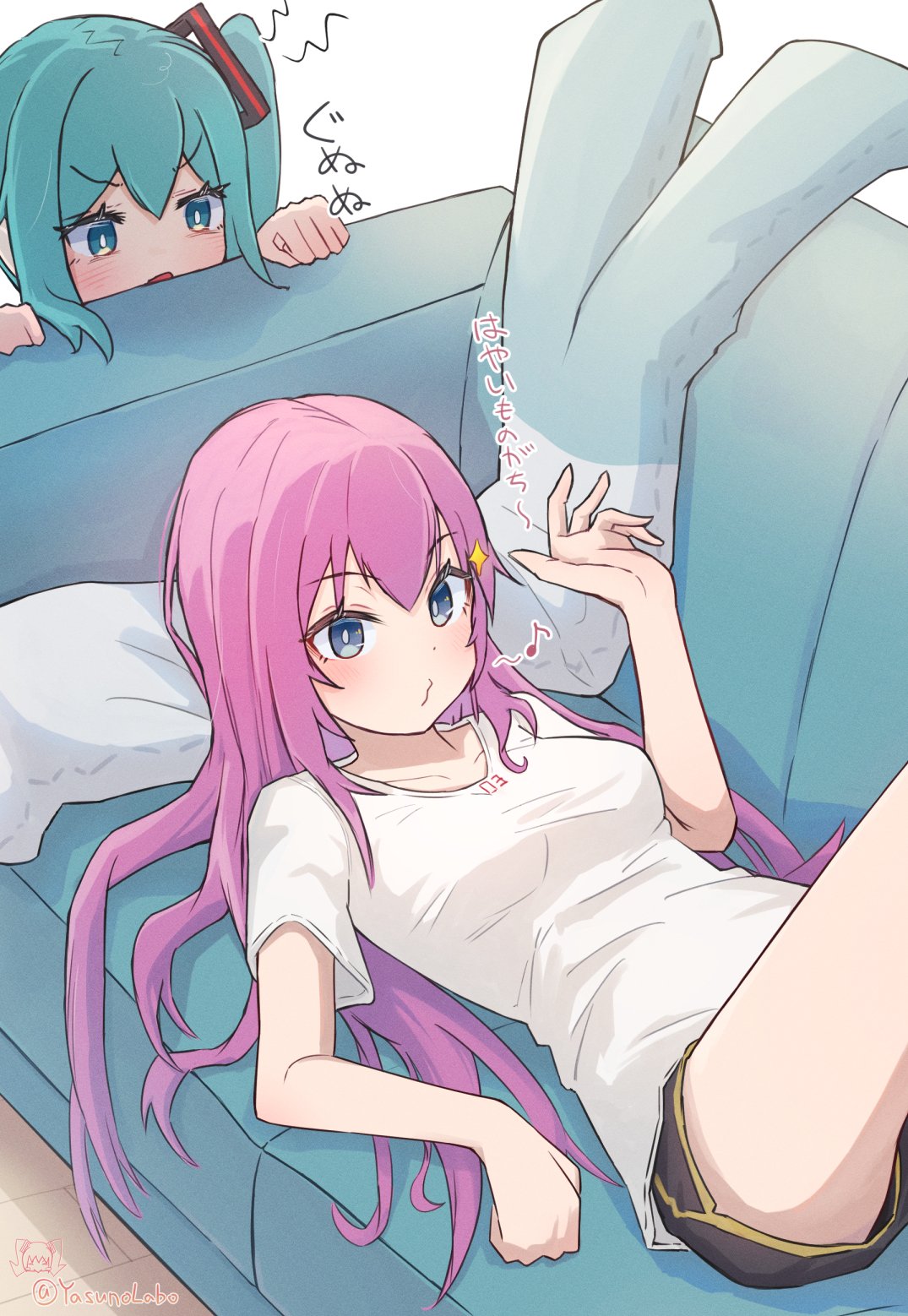 2girls, alternate_costume, aqua_eyes, aqua_hair, black_shorts, blue_eyes, couch, hatsune_miku