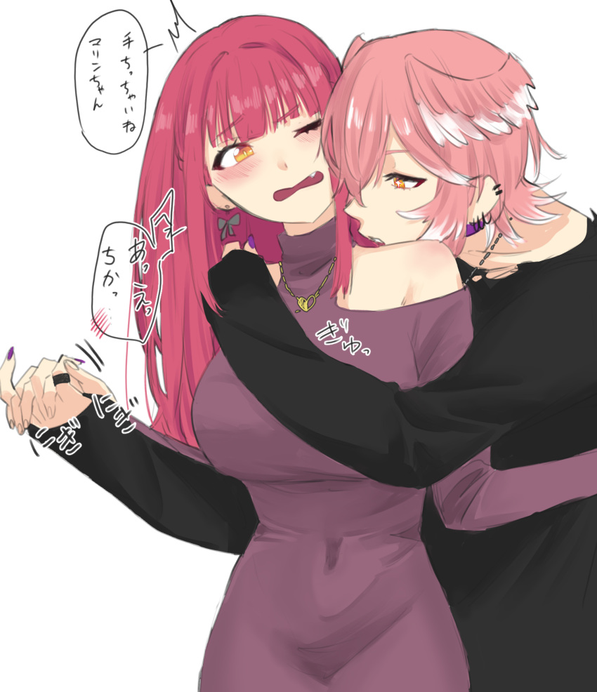 2girls, black_shirt, blush, breasts, choker, clothing_cutout, colored_tips, commentary_request