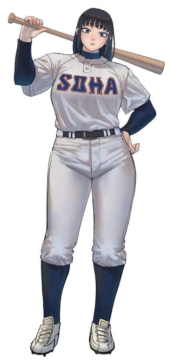 1girl, agawa_sensei_(strikeout_pitch), baseball_bat, baseball_uniform, belt, black_hair, blunt_bangs, breasts, cleats, highres, large_breasts, long_hair, mole, mole_under_eye, sakamoto_kengo, simple_background, sportswear, strikeout_pitch, tall_female, turtleneck, white_background
