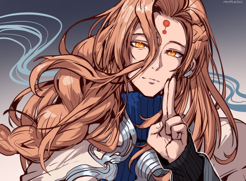 1boy, androgynous, artist_name, blue_sweater, braid, closed_mouth, commentary, dislyte, earrings, english_commentary, facial_mark, floating_hair, forehead_mark, gradient_background, jewelry, long_hair, looking_at_viewer, lu_shang_(jiang_ziya), male_focus, orange_eyes, orange_hair, sa-dui, side_braid, silver_earrings, solo, sweater, turtleneck, turtleneck_sweater, upper_body