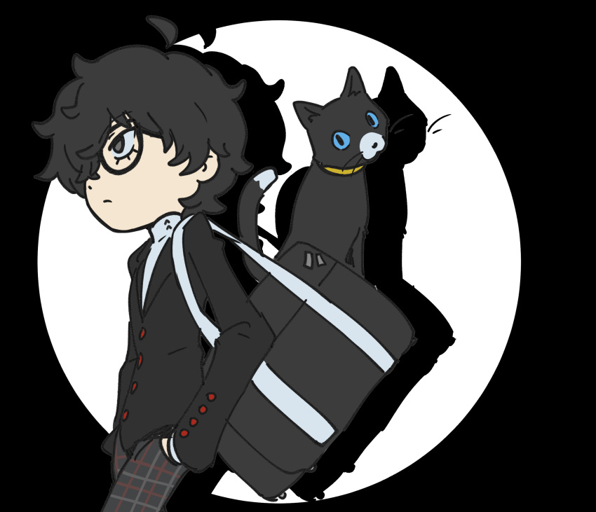 1boy, amamiya_ren, animal, animal_collar, bag, black-framed_eyewear, black_eyes, black_hair