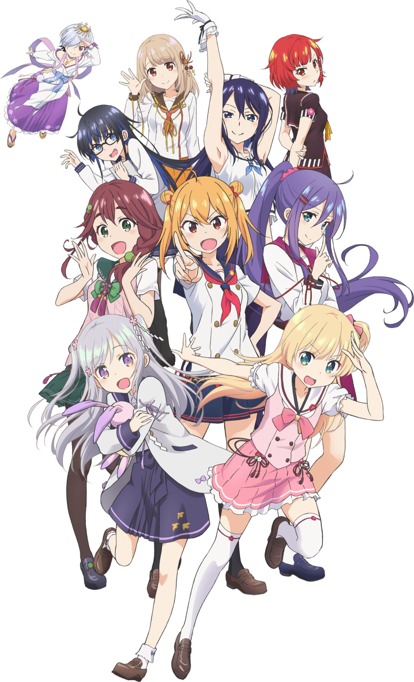 6+girls, :d, ahoge, akiu_nanako, arima_fuuka, arima_rinka, arms_behind_back, arms_up