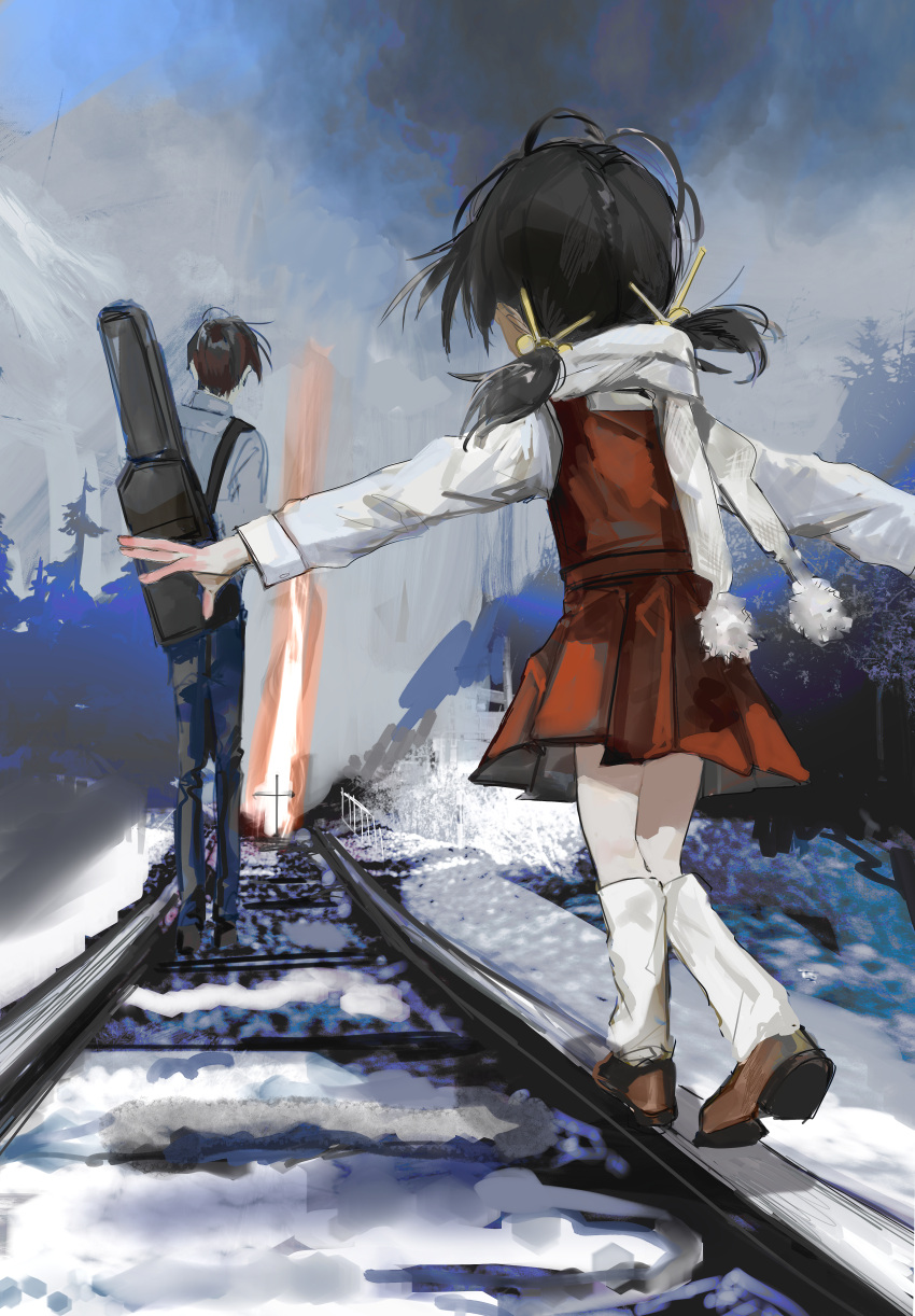 1boy, 1girl, absurdres, bag, balancing, black_hair, brown_footwear, brown_hair