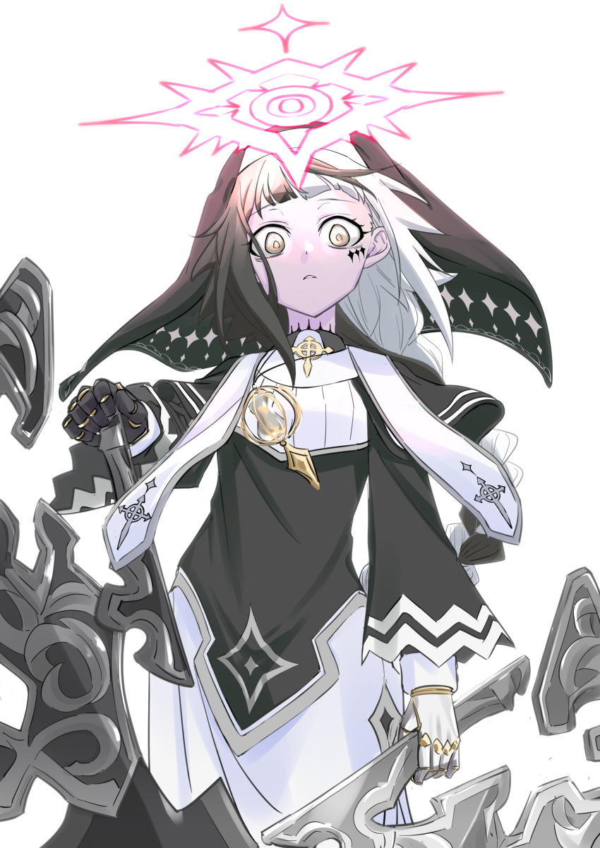 1girl, absurdres, arrow_cross, black_capelet, black_dress, black_hair, borrowed_character, braid, braided_ponytail, capelet, coif, commission, cross, doll_joints, dress, facial_mark, habit, halo, highres, holding, holding_weapon, hourglass, joints, looking_at_viewer, multicolored_hair, nun, original, parted_lips, ryuu-tan_(miuron), second-party_source, simple_background, skeb_commission, solo, stole, two-tone_dress, two-tone_hair, veil, violet_(ac8231), weapon, white_background, white_dress, white_hair, yellow_eyes