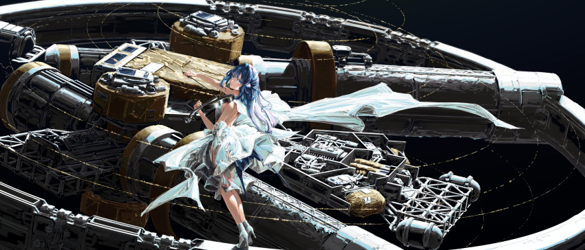 1girl, absurdres, alternate_costume, animal_ears, arknights, astesia_(arknights), backless_dress, backless_outfit, bird_ears, bird_tail, blue_hair, dress, european_space_agency, from_side, high_heels, highres, holding, holding_instrument, holding_violin, immeasurable, incredibly_absurdres, instrument, laser_interferometer_space_antenna, looking_at_viewer, music, playing_instrument, real_life, science_fiction, smile, solo, spacecraft, tail, turning_around, violin, white_dress, wide_shot
