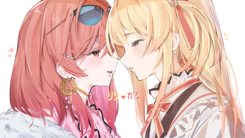2girls, ahoge, blonde_hair, brown_jacket, colored_inner_hair, dress, earrings, eyewear_on_head