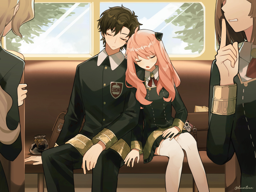 1boy, 3girls, absurdres, aged_up, anya_(spy_x_family), black_hair, blonde_hair, blush