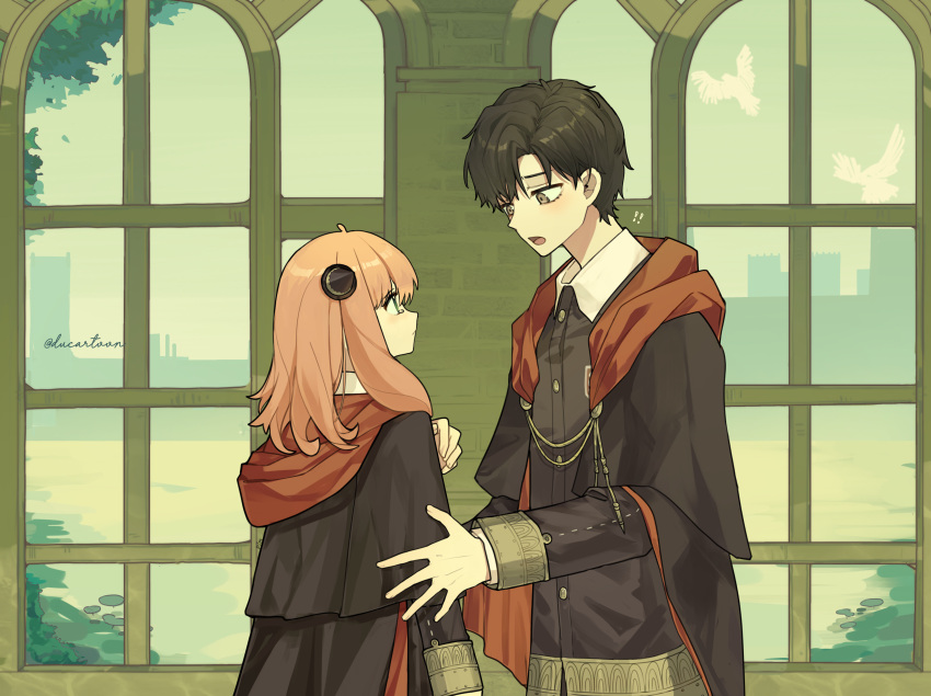 1boy, 1girl, absurdres, aged_up, anya_(spy_x_family), artist_name, back, black_coat